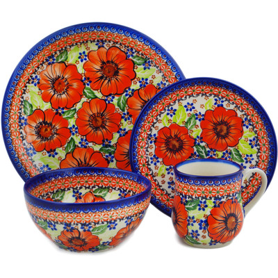 Polish Pottery 4-Piece Place Setting Orange Zinnia UNIKAT
