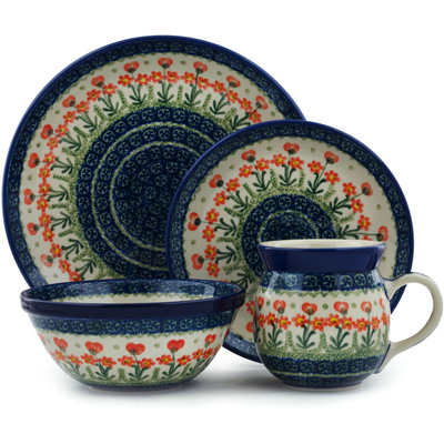 Polish Pottery 4-Piece Place Setting Peach Spring Daisy