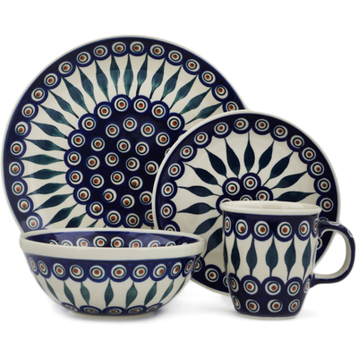 Polish Pottery 4-Piece Place Setting Peacock