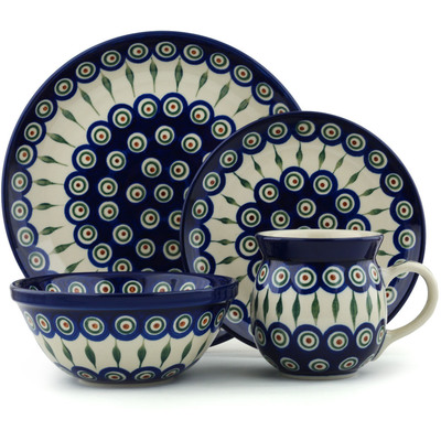 Polish Pottery 4-Piece Place Setting Peacock Leaves