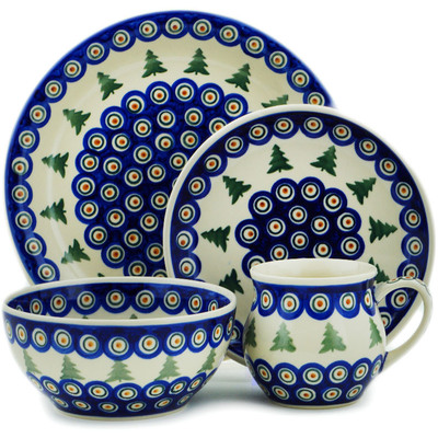 Polish Pottery 4-Piece Place Setting Peacock Pines