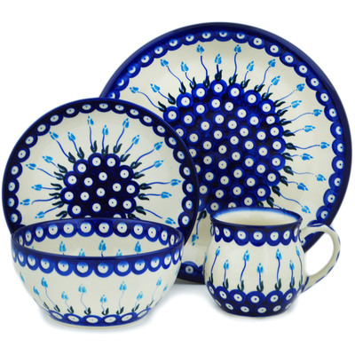 Polish Pottery 4-Piece Place Setting Peacock Tulip Garden