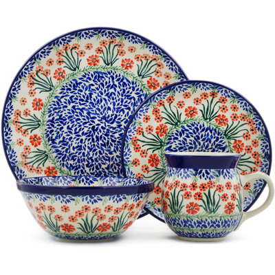 Polish Pottery 4-Piece Place Setting Red April Showers