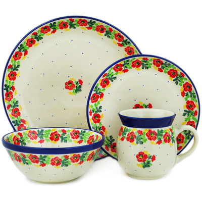 Polish Pottery 4-Piece Place Setting Red Poppy Chain