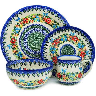 Polish Pottery 4-Piece Place Setting Ring Of Flowers UNIKAT