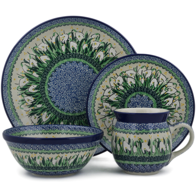 Polish Pottery 4-Piece Place Setting Snowdrops UNIKAT