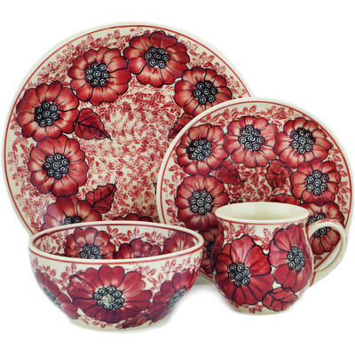 Polish Pottery 4-Piece Place Setting Sugar Plum Poppies UNIKAT