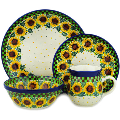 Polish Pottery 4-Piece Place Setting Summer Sunflower UNIKAT