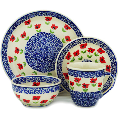 Polish Pottery 4-Piece Place Setting Wind-blown Poppies