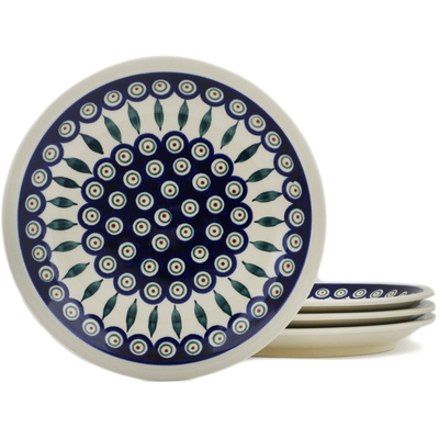 Polish Pottery 4-Piece Set of Luncheon Plates Peacock Leaves