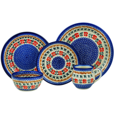 Polish Pottery 5-Piece Place Setting Red Cornflower