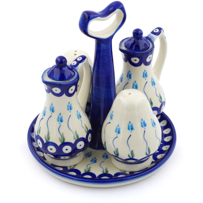 Polish Pottery 5-Piece Seasoning Set Peacock Tulip Garden