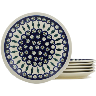 Polish Pottery 6-Piece Set of Luncheon Plates Peacock Leaves