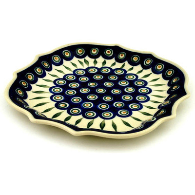 Polish Pottery 8 Point Plate Peacock Leaves