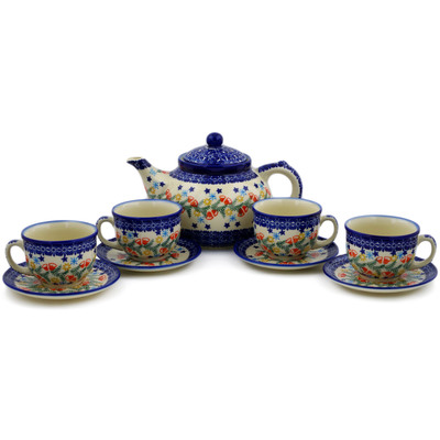 Polish Pottery 9-Piece Tea Coffee Set for Four Wreath Of Bells