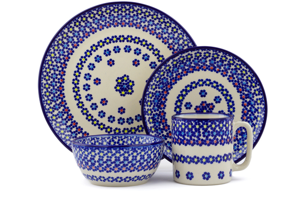Polish Pottery Place Setting 4-Piece: 10½" dinner plate, 7½" dessert or side plate, 5¼" bowl and a 12 oz mug