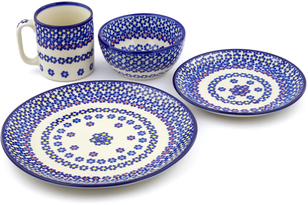 Polish Pottery Place Setting 4-Piece: 10½" dinner plate, 7½" dessert or side plate, 5¼" bowl and a 12 oz mug