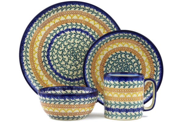 Polish Pottery Place Setting 4-Piece: 10½" dinner plate, 7½" dessert or side plate, 5¼" bowl and a 12 oz mug