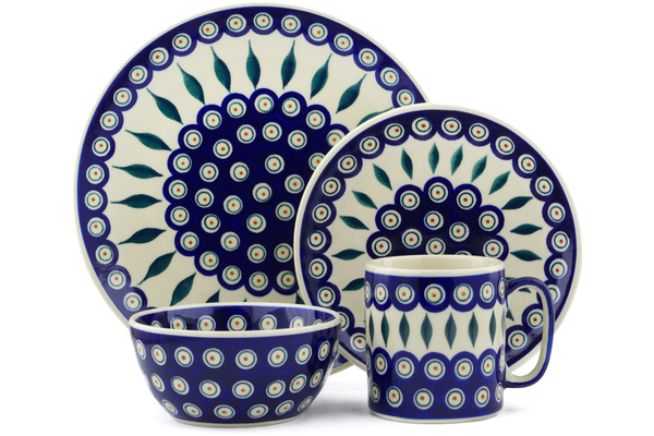 Polish Pottery Place Setting 4-Piece: 10½" dinner plate, 7½" dessert or side plate, 5¼" bowl and a 12 oz mug