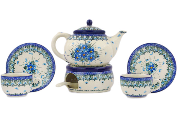 Coffe or Tea Pot with Heater and Two Cups with Saucers