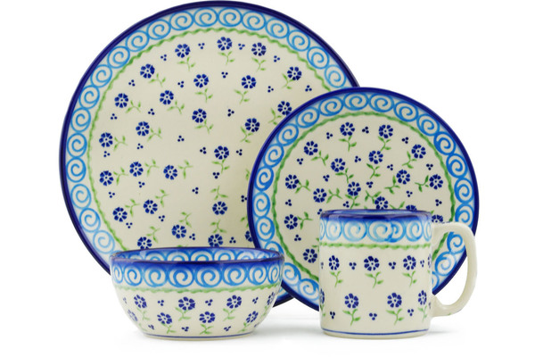 Polish Pottery Place Setting 4-Piece: 10½" dinner plate, 7½" dessert or side plate, 5¼" bowl and a 12 oz mug