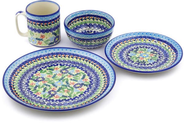 Polish Pottery Place Setting 4-Piece: 10½" dinner plate, 7½" dessert or side plate, 5¼" bowl and a 12 oz mug