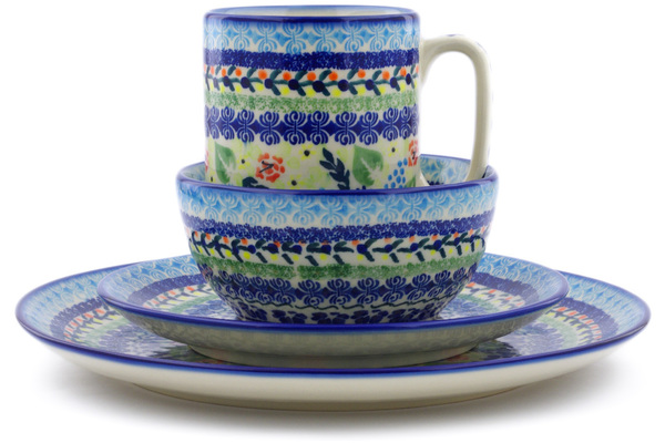 Polish Pottery Place Setting 4-Piece: 10½" dinner plate, 7½" dessert or side plate, 5¼" bowl and a 12 oz mug