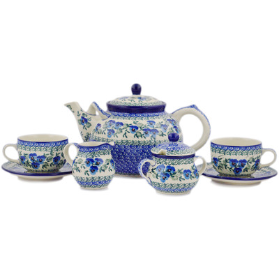 Tea or Coffee Pot with Two Saucers, Creamer and Sugar Bowl