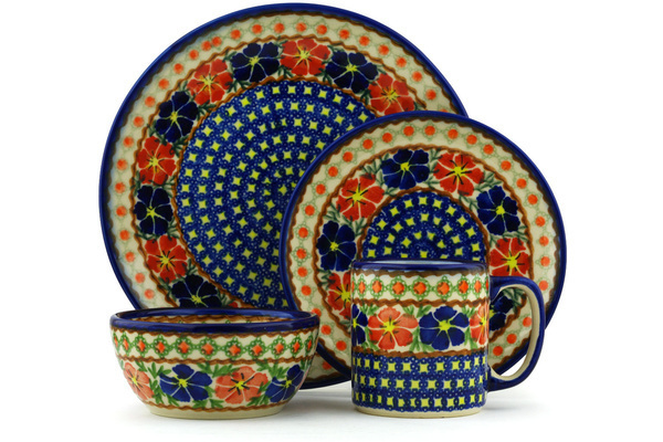 Polish Pottery Place Setting 4-Piece: 10½" dinner plate, 7½" dessert or side plate, 5¼" bowl and a 12 oz mug