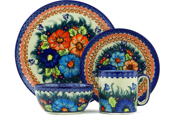 Polish Pottery Place Setting 4-Piece: 10½" dinner plate, 7½" dessert or side plate, 5¼" bowl and a 12 oz mug