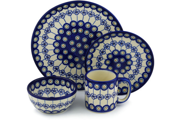 Polish Pottery Place Setting 4-Piece: 10½" dinner plate, 7½" dessert or side plate, 5¼" bowl and a 12 oz mug