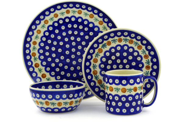 Polish Pottery Place Setting 4-Piece: 10½" dinner plate, 7½" dessert or side plate, 5¼" bowl and a 12 oz mug
