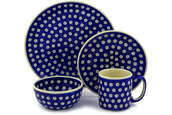 Polish Pottery Place Setting 4-Piece: 10½" dinner plate, 7½" dessert or side plate, 5¼" bowl and a 12 oz mug