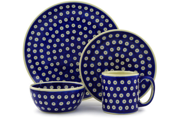 Polish Pottery Place Setting 4-Piece: 10½" dinner plate, 7½" dessert or side plate, 5¼" bowl and a 12 oz mug
