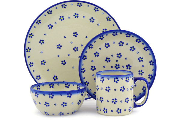 Polish Pottery Place Setting 4-Piece: 10½" dinner plate, 7½" dessert or side plate, 5¼" bowl and a 12 oz mug