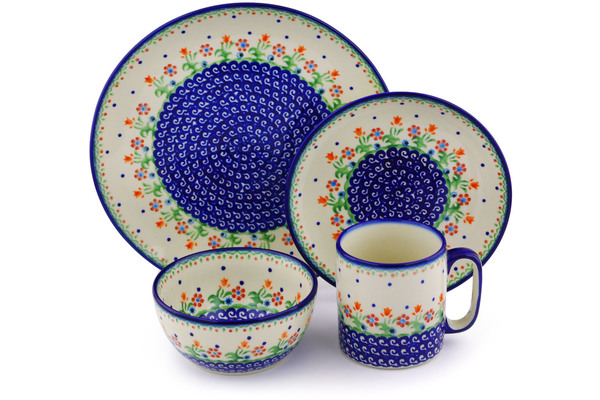 Polish Pottery Place Setting 4-Piece: 10½" dinner plate, 7½" dessert or side plate, 5¼" bowl and a 12 oz mug