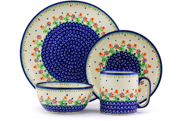 Polish Pottery Place Setting 4-Piece: 10½" dinner plate, 7½" dessert or side plate, 5¼" bowl and a 12 oz mug