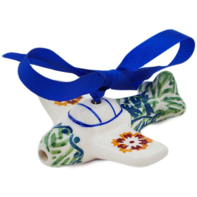 Polish Pottery Airplane Ornament 3&quot; Three Lillies UNIKAT