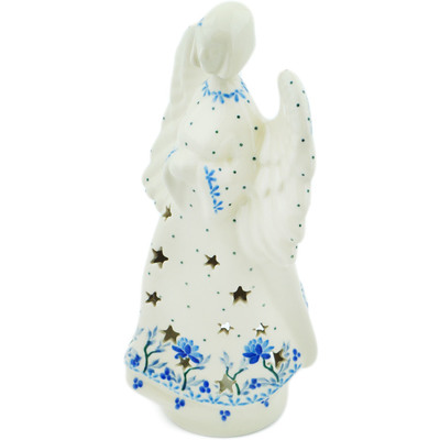 Polish Pottery Angel Candle Holder 9&quot; Blue Grapevine