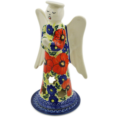 Polish Pottery Angel Candle Holder 9&quot; Red Star UNIKAT