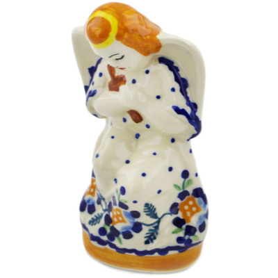 Polish Pottery Angel Figurine 5&quot; Orange And Blue Flower