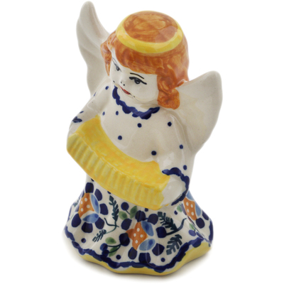 Polish Pottery Angel Figurine 5&quot; Orange And Blue Flower