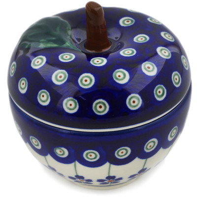 Polish Pottery Apple Shaped Jar 3&quot; Flowering Peacock