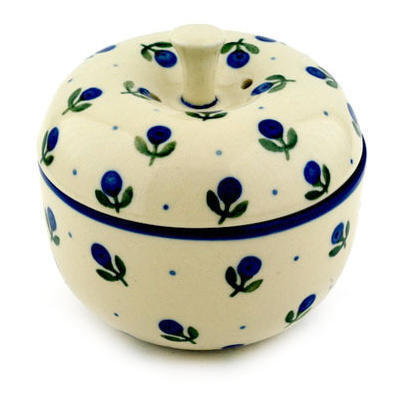 Polish Pottery Apple Shaped Jar 4&quot; Blue Buds