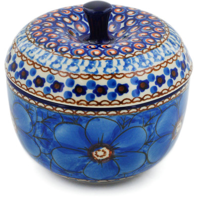 Polish Pottery Apple Shaped Jar 4&quot; Blue Poppies UNIKAT