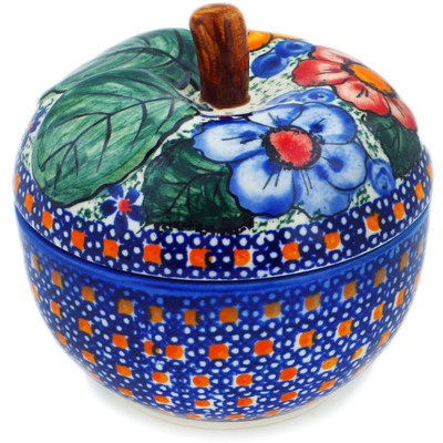 Polish Pottery Apple Shaped Jar 4&quot; Bold Pansy UNIKAT