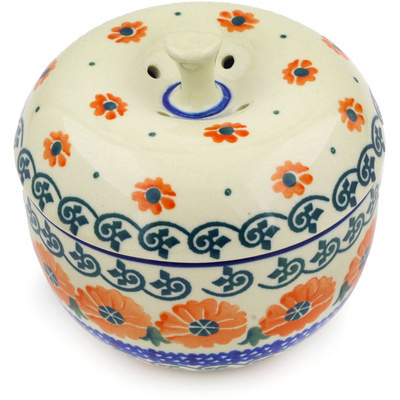 Polish Pottery Apple Shaped Jar 4&quot; Bright Orange Blossoms
