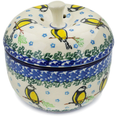 Polish Pottery Apple Shaped Jar 4&quot; Happy Goldfinch
