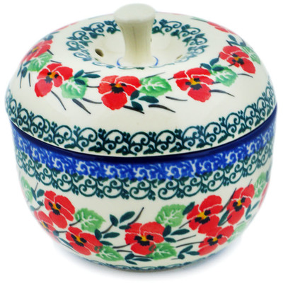 Polish Pottery Apple Shaped Jar 4&quot; Red Pansy