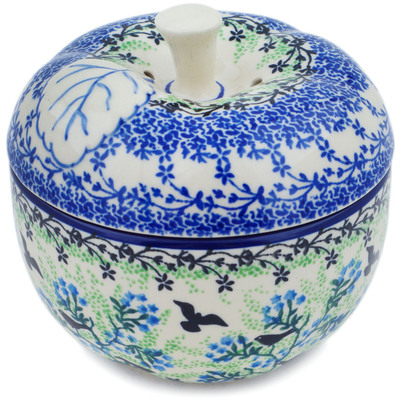 Polish Pottery Apple Shaped Jar 5&quot; Black Bird Fly UNIKAT